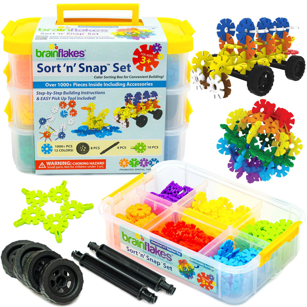 Brain Flakes 1000 Piece Sort ‘n’ Snap Set - Wheel Pieces and Special Parts Included - A Great Stem Toy for Both Boys and Girls
